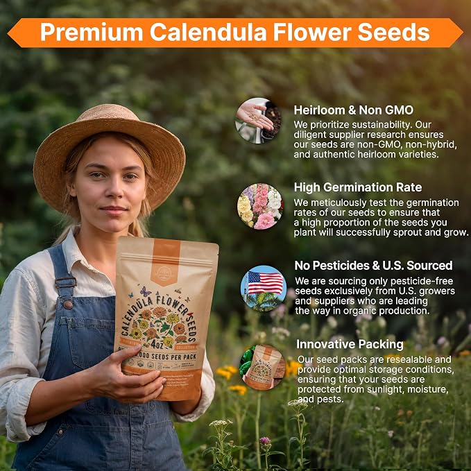 Calendula Seeds Pack 4 oz - Over 13,000 Non-GMO Heirloom Calendula Seeds for Planting Indoor & Outdoor Gardening, Flower Seed for Planting Home and Garden, Flowers Seed in Individual Packet