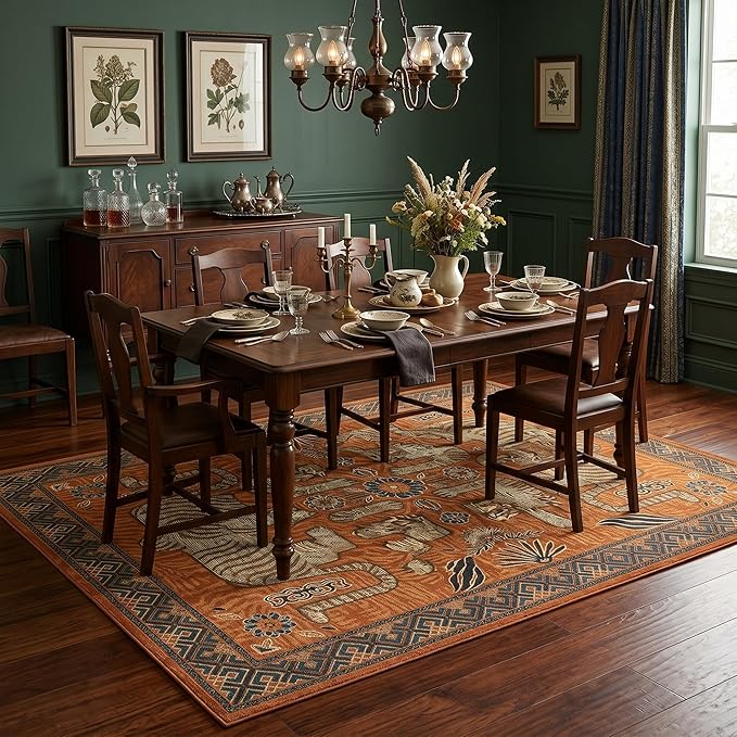 GarveeHome Tibetan Tiger 5x7 Area Rug Boho Washable Vintage Living Room | Non Slip Terracotta Rugs for Bedroom, Tribal Soft Animal Print Throw Rug Ultra Thin Stain Resistant Floor Carpet for Office