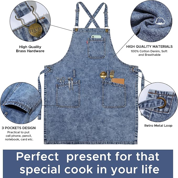 Denim Chef Apron for Women with Pockets, Jean Waitress Server Kitchen Apron for Men Cooking Gardening Painting