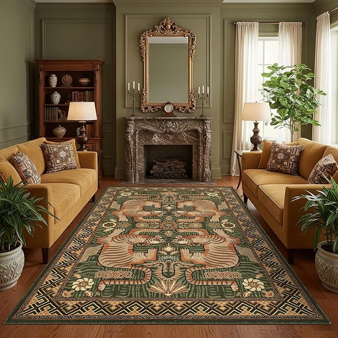 GarveeHome Tibetan Tiger 5x7 Area Rug Boho Green Washable Living Room | Non Slip Vintage Rugs for Bedroom, Tribal Soft Animal Print Throw Rug Ultra Thin Stain Resistant Floor Carpet for Office