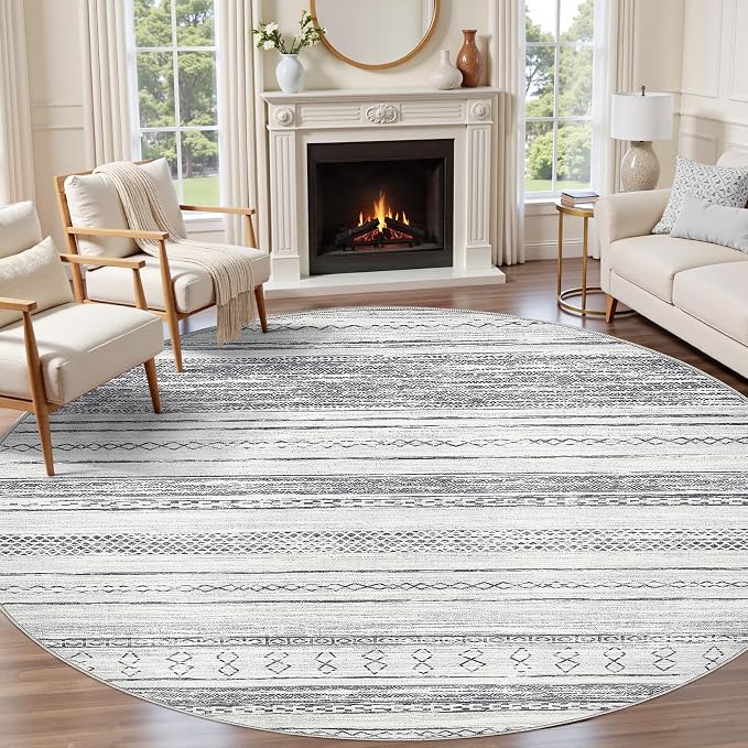 Tortania 5' Round Area Rug Living Room Rugs - Washable Large Soft Neutral Boho Moroccan Bohemian Farmhouse Rug Indoor Floor Carpet for Bedroom Under Dining Table Home Office Decor - Grey