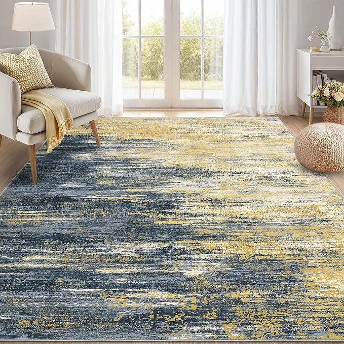 ROYHOME Modern Abstract Living Room Rug 8x10, Yellow/Black | Washable Area Rugs for Bedroom, Stain Resistant Non Slip Large Rug, Soft Indoor Carpet for Dining Room Table Home Decor