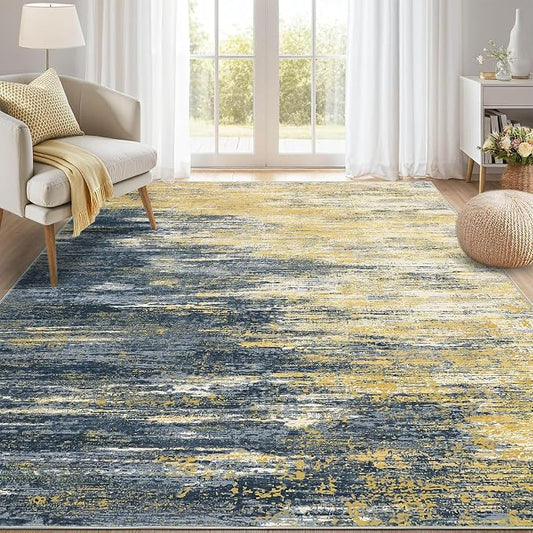ROYHOME Modern Abstract Living Room Rug 8x10, Yellow/Black | Washable Area Rugs for Bedroom, Stain Resistant Non Slip Large Rug, Soft Indoor Carpet for Dining Room Table Home Decor