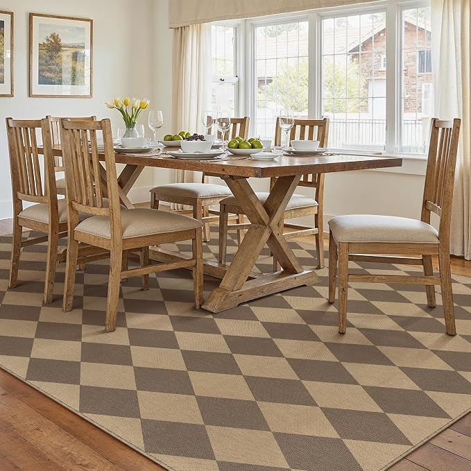 PureCozy 8x10 Checkered Easy Jute Area Rug for Living Room Large Checkerboard Washable Indoor Outdoor Carpet Farmhouse Patio Office Mat Geometric Non Slip Brown Carpet for Backyard Dining Room