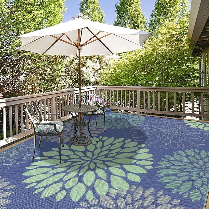 Ileading Waterproof Outdoor Rug 9x12, Reversible Plastic Straw Patio Rug, Portable Indoor Outdoor RV Camping Mat Carpet for Deck, Porch, Balcony, Backyard, Picnic, Floral Navy Blue