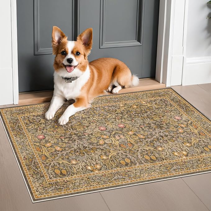 Brown Washable Entry Rug - Front Door Throw Rugs Indoor, Non-Slip Bathroom Small Rugs, Vintage Floral Thin Rug for Kitchen, Boho Earthy Entryway Décor (2x3 Gold Brown)