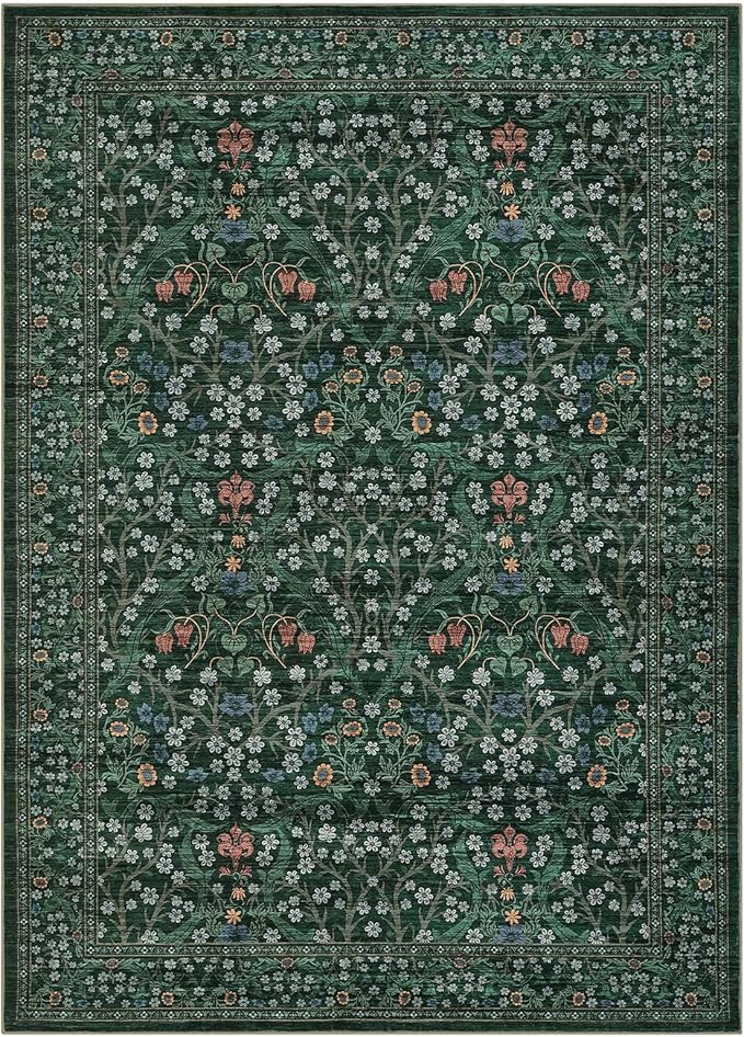 GarveeHome Dark Green Floral 8x10 Washable Area Rug Living Room Bedroom | Vintage Stain Resistant Rugs for Large Room Low-Pile Non-Slip Carpet Soft Stain Resistant Botanical Boho Rug TPE Backing