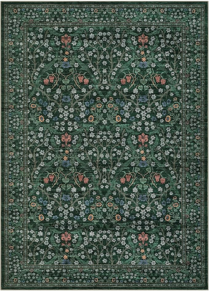 GarveeHome 6x9 Washable Area Rug for Living Room, Floral Dining Room Rugs for Under Table, Low Pile Non-Slip Stain Resistance Floor Carpet for Bedroom, Dark Green