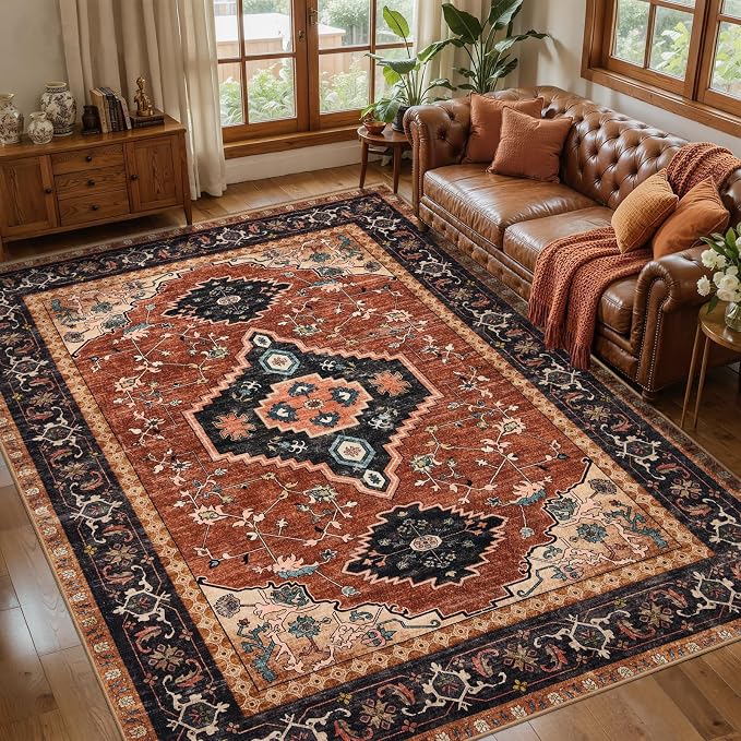 Tangsoo Orange 4x6 Washable Area Rug, Oriental Non Slip Indoor Accent Rugs | Vintage Rugs for Living Room, Boho Soft Low Pile Foldable Print Carpet for Bedroom Dining Room Office Orange Black Home Decor