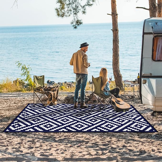 GENIMO 5'x8' Outdoor Rug Waterproof, Reversible Mats, Area Rug, Plastic Outside Carpet, Geometric Rv Mat for Patio Camping Picnic Backyard Deck Balcony Porch Beach Trailer (Navy Blue & White)