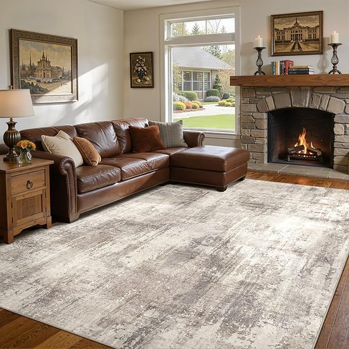 DMOYEST 8x10 Area Rug for Living Room Washable Abstract Indoor Carpet | Neutral Modern Low Pile Rugs Kid & Pet Friendly Large Soft Thin Carpet for Bedroom Dining Room - Pale Brown