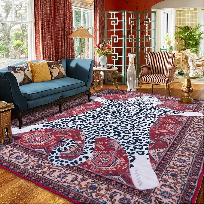 Oriental Leopard Rug 5x7 ft Washable Traditional Red Area Rugs for Bedroom Living Room, Dining Room Under Kitchen Table, Soft Non Slip Thin Rug Carpet (Red Leopard, 5X7 FT)