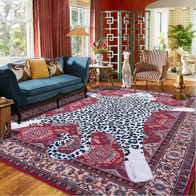 Oriental Leopard Rug 8x10 ft Washable Traditional Red Area Rugs for Bedroom Living Room, Dining Room Under Kitchen Table, Soft Non Slip Thin Rug Carpet (Red Leopard, 10X8 FT)