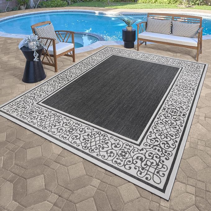 Gertmenian Indoor/Outdoor Flatweave Area Rug - 6x9 Medium, Stain & UV Resistant, Ideal For Deck, Patio, Poolside, Mudroom - Abstract Border, Black White, 22945