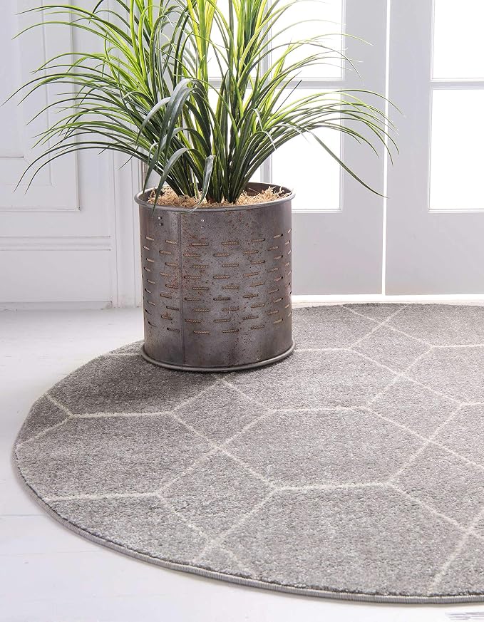 Unique Loom Trellis Frieze Collection Area Rug - Geometric (4' 1" Round Light Gray/Ivory)