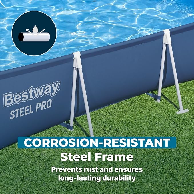 Bestway Steel Pro 9.8' x 6.6' x 26" Above Ground Pool, Rectangular Metal Frame Outdoor Swimming Pool Set with Filter Pump & Type I Cartridge, Blue