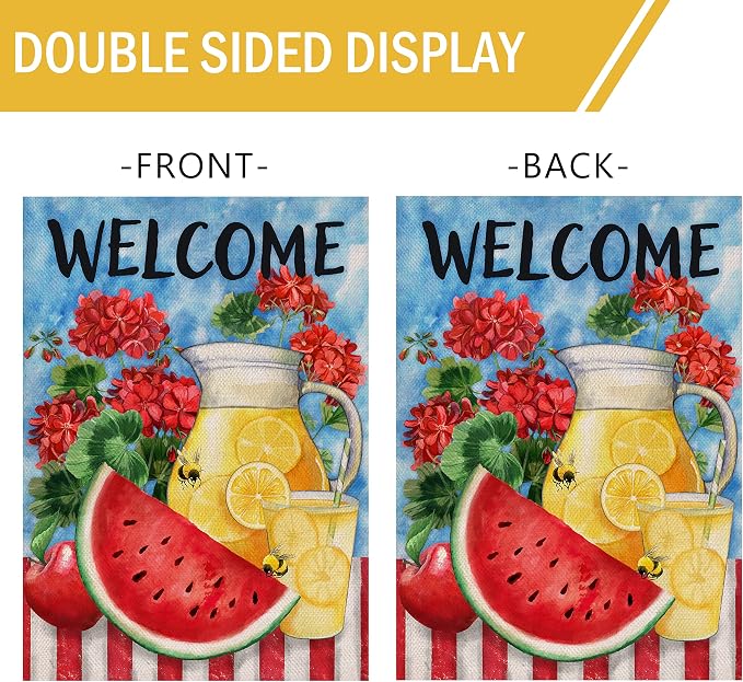 Furiaz Welcome Summer Watermelon Lemon Juice Small Decorative Garden Flag, Lemonade Geranium Flowers Yard Outside Decorations Burlap Outdoor Decor Double Sided 12 x 18