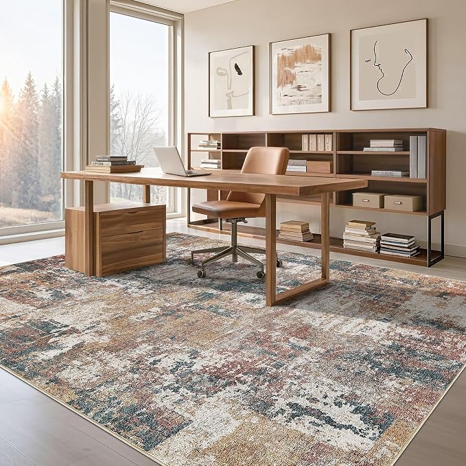 Tortania Washable 12x15 Area Rug for Living Room: Modern Abstract Neutral Large Soft Thin Rugs - Non Slip Indoor Carpet for Bedroom Dining Room Office Nursery Home Floor Decoration - Colorful Multi
