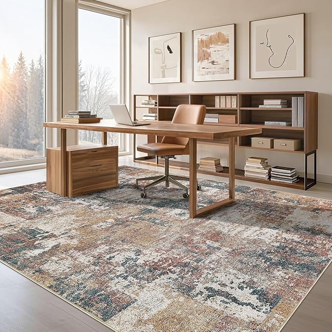 Tortania Washable 5x7 Area Rug for Living Room: Modern Abstract Neutral Large Soft Thin Rugs - Non Slip Indoor Carpet for Bedroom Dining Room Office Nursery Home Floor Decoration - Colorful Multi