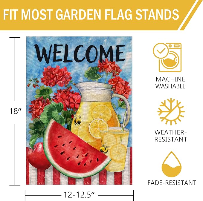 Furiaz Welcome Summer Watermelon Lemon Juice Small Decorative Garden Flag, Lemonade Geranium Flowers Yard Outside Decorations Burlap Outdoor Decor Double Sided 12 x 18