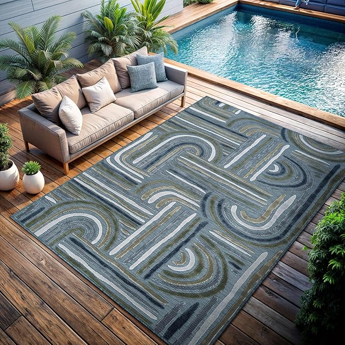 CAMILSON Indoor Outdoor Rug, Aqua 10x14 Geometric Arch Striped Large Area Rugs for Patio and Home Areas, Easy-Cleaning Non-Shedding Living Room, Garden and Deck Washable Outside Carpet (10 x 14)