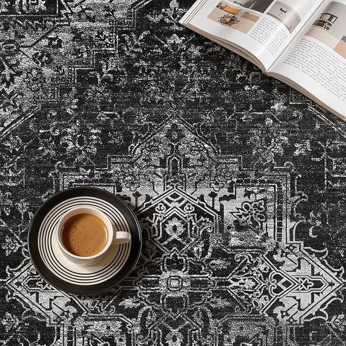UERMEI 10x12 Area Rug Living Room Rugs - Washable Vintage Soft Large Rug Indoor Floor No Slip Rug Carpet for Bedroom Farmhouse Under Dining Table Home Office Decor - Black