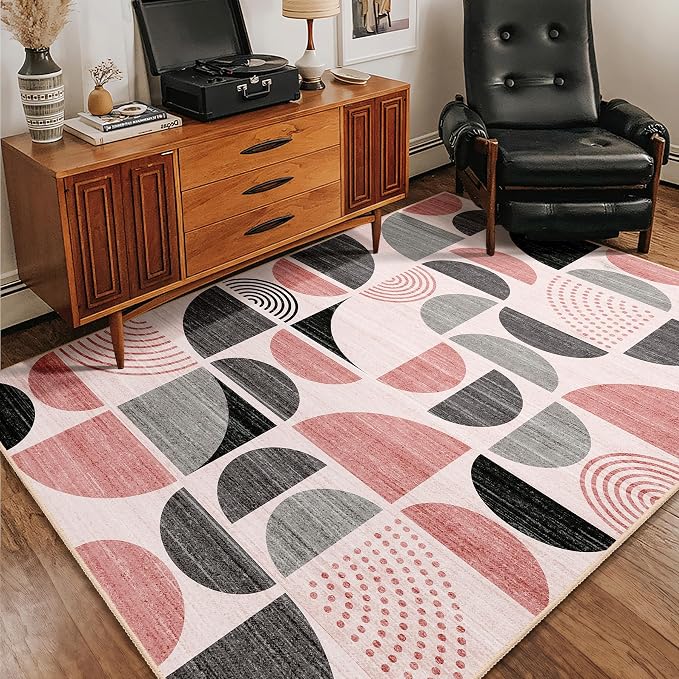 Pink Rug Boho Washable,4x6.5 Area Rugs for Bedroom Entryway Living Room Bedside,Small Throw Floor Carpet Non Slip Soft Indoor Modern Abstract Pink and Grey