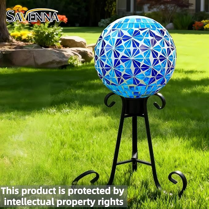 SAVENNA Mosaic Garden Gazing Ball 10 Inch, Glass Decorative Sphere for Indoor & Outdoor Garden, Patio, Home & Yard, Blue Geometric Star Pattern