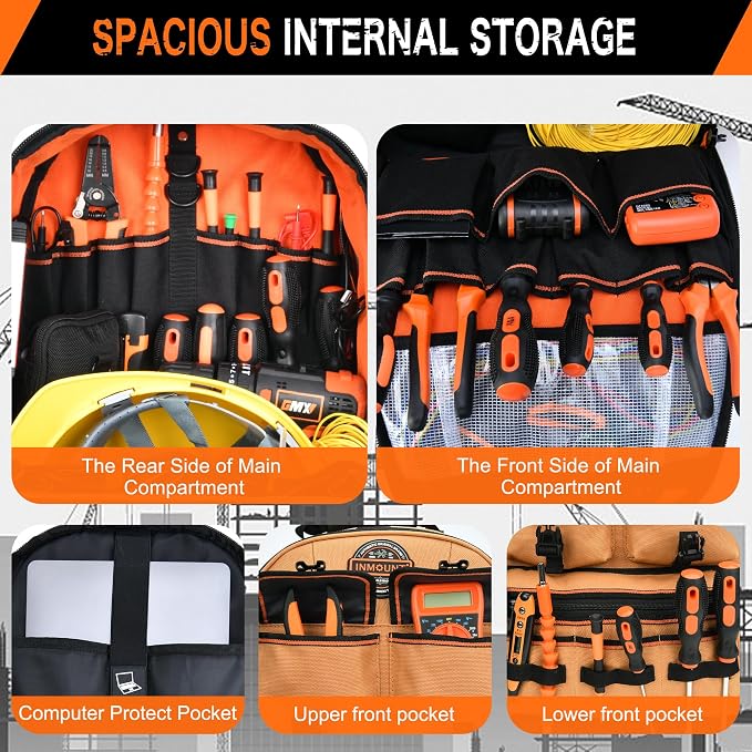 LOKASS Tool Backpack Heavy Duty with Molded Bottom, 1680D 56-Pocket Tool Bag Organizer with Laptop Compartment & Combination Lock, Durable Water-Resistant Electrician & HVAC Tool Backpack - khaki