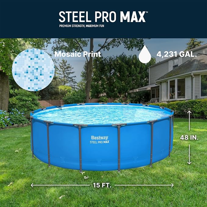 Bestway Steel Pro MAX 15’ x 48 Above Ground Swimming Pool, Pool Only, Blue | Round Durable Metal Frame Pool, Outdoor Backyard Water Activity - Includes Puncture-Resistant Liner, No-Tool Setup
