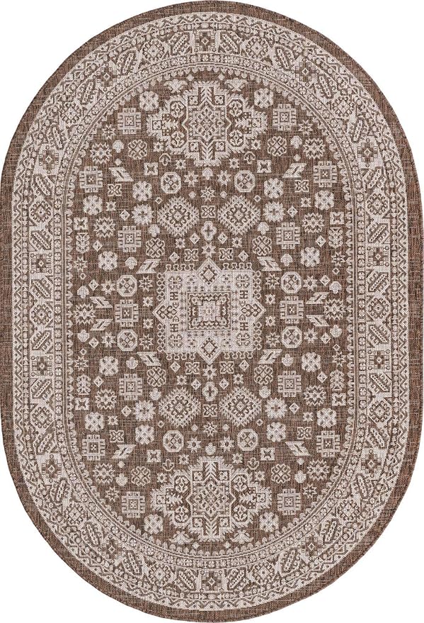 Unique Loom Outdoor Aztec Collection Area Rug - Chalca (5' 3" x 8' Oval, Brown/ Ivory)