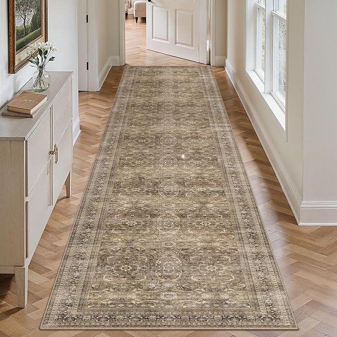 2'6''x12 Brown Vintage Distressed Washable Runner Rug for Hallway | Low Pile, Non Slip, Retro Style, Soft Distressed Long Hallway Runner for Kitchen, Entryway, Laundry, Bedroom, Home Decor