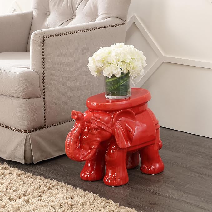 JONATHAN Y White Elephant 14.25" Glazed Ceramic Elephant Garden Stool, Weather-Resistant Indoor/Outdoor Patio Side Table and Plant Stand, Bohemian, Red TBL1007B