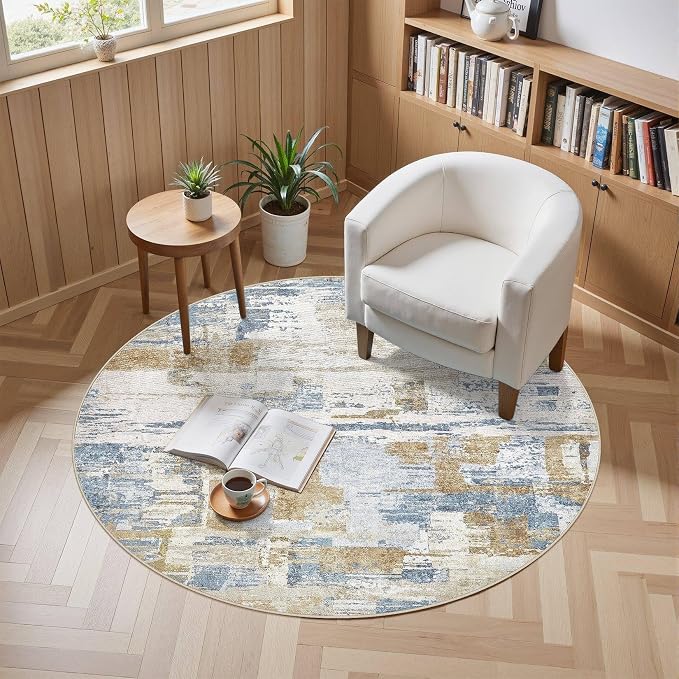 kakania Abstract 5x5 Round Rugs for Living Room: Circle Rugs 5FT Blue | Washable, Soft, Non-Slip, Low-Pile, Pet & Kid Friendly - Modern Home Decor Carpet for Bedroom/Dining Room/Nursery