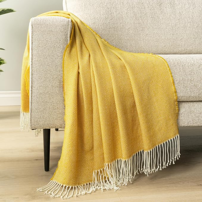 PAVILIA Yellow Herringbone Throw Blanket for Couch Bed, Decorative Outdoor Throw Blanket, Faux Cashmere Blanket Throw, Lightweight Accent Sofa Blanket Throw, 50x60