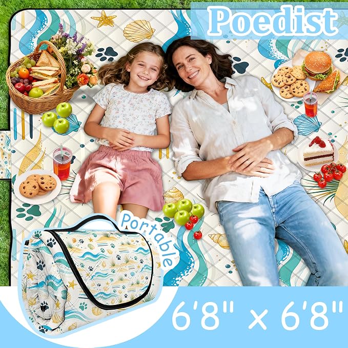 Extra Large Picnic Blanket Waterproof,80"x 80"Foldable Machine Washable Outdoor Blanket,Seashell Beach Blanket for 6-8 Adults,Picnic Mat Suitable for Indoor Crawling,Park Beach,Camping,Hiking,Travel