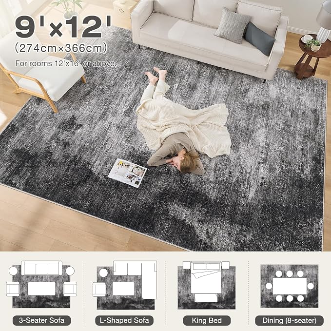 DMOYEST 9x12 Area Rug for Living Room Washable Abstract Indoor Carpet | Neutral Modern Low Pile Rugs Kid & Pet Friendly Large Soft Thin Carpet for Bedroom Dining Room and Office - Dark Grey