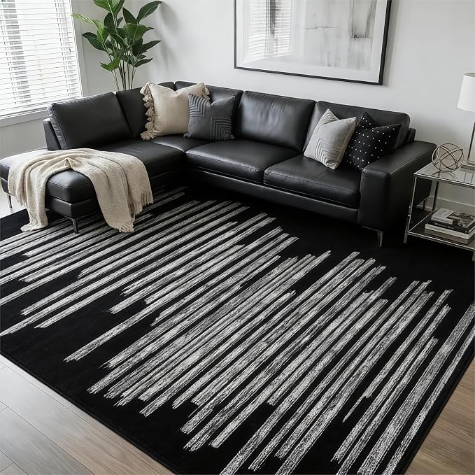 GarveeHome Black Rug 6x9 Washable Low Pile Carpet for Living Room Bedroom | Modern Striped Area Rugs for Home Office Geometric Stain Resistant Non Slip Bedroom Kitchen Rugs , Black