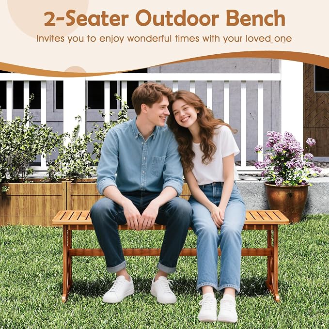 HAPPYGRILL Acacia Wood Outdoor Bench for 2-3 People, Patio Bench with Slatted Seat & X-Shaped Frame, for Porch Garden Backyard and Park (2)
