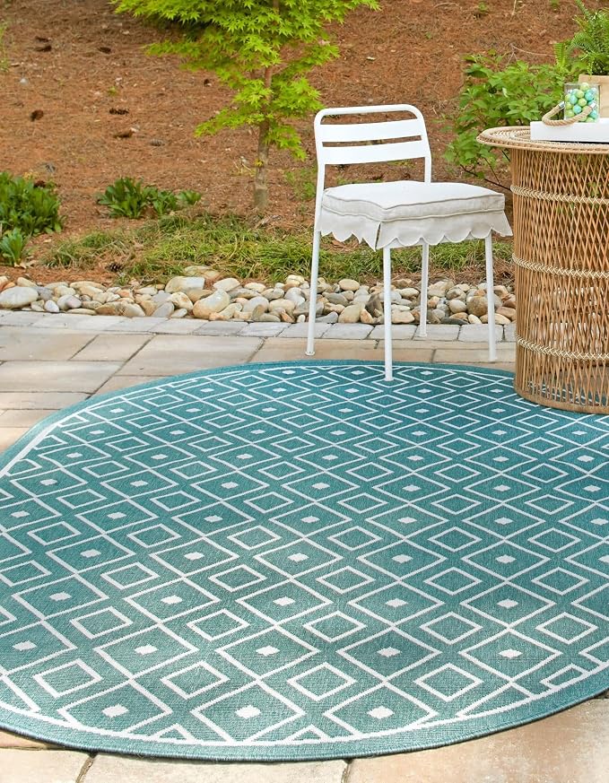 Unique Loom Outdoor Trellis Collection Area Rug - Kafes (7' 10" x 10' Oval, Teal/ Ivory)