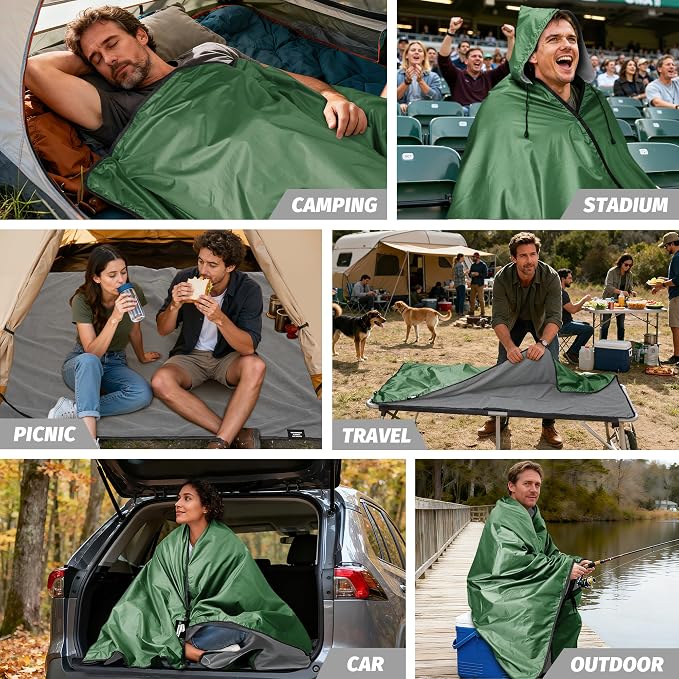 Large Waterproof Outdoor Picnic Blanket 80"x 58" | Windproof Lightweight Stadium Blanket, Packable, Stay Dry and Comfortable for Camping, Sports, Travel - Green Hooded