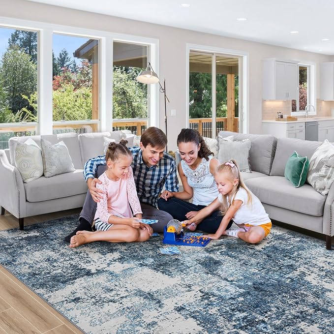 Tosuoka 9x12 Area Rugs for Living Room Abstract Washable Blue Rug | With Anti-Slip Backing，Non-Shedding，Stain-Resistant，Soft Modern Large Carpet for Bedroom Dining Room Farmhouse Nursery