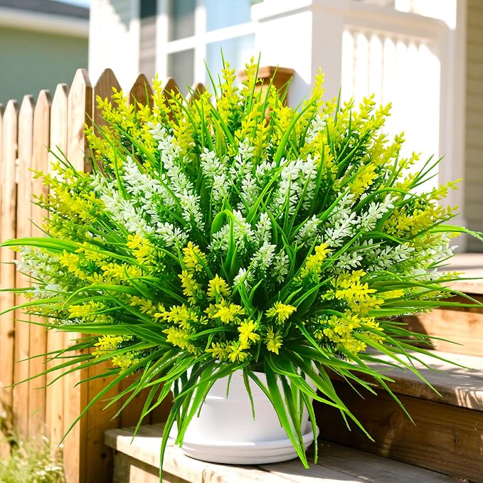 Artificial Plants Outdoor, 20 Pcs Fake Flowers UV Resistant Outdoor Fake Plants, Lavender Artificial Flowers Plastic Fake Faux Flowers Shrubs for Home Porch Garden Yard Window Box (Yellow White)