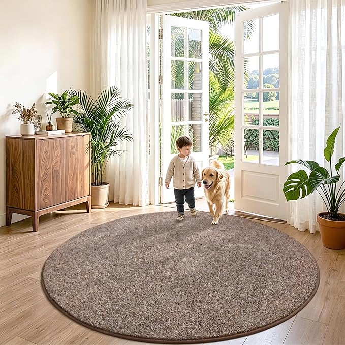 Keeko Round Area Rug 4ft for Living Room Bedroom,Soft Washable Circle Rug | Modern Indoor Memory Foam Rugs Low Pile Non Slip Carpet for Kids Dorm Room Entryway Kitchen Home Decor Brown and White