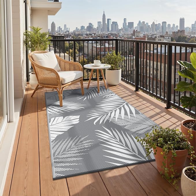 GENIMO Outdoor Rug 3' x 5' Waterproof for Patios Clearance, Reversible Outdoor Plastic Straw Camping Rug Carpet, Large Area Rugs Mats for RV, Camper, Deck, Balcony, Porch, Beach, Picnic, Grey&White
