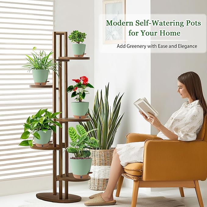 Self Watering Pots for Inoor Ourdoor Plants 8/7/6.5/6/5 Inch Plastic Planters with Drainage Holes & Water Level Indicator, Decorative House Flower Nursery Planting Pots with Saucers (Green)