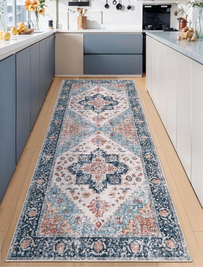 SERISSA 2x6 Washable Non Slip Boho Runner Rug for Hallway，Blue Orange | Ultra Soft Vintage Oriental Carpet Low-Pile Distressed Tribal Floor Carpet for Kitchen Bedroom Bathroom Laundry Living Room