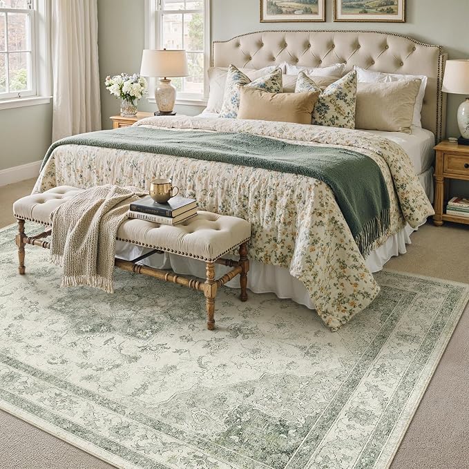 Green 8x10 Washable Area Rug Living Room Vintage Oriental Carpet | Soft Low Pile, Non Slip, Stain Resistant, Floral Medallion, Neutral Retro Decor for Bedroom, Dining Room, Kids Room, Office