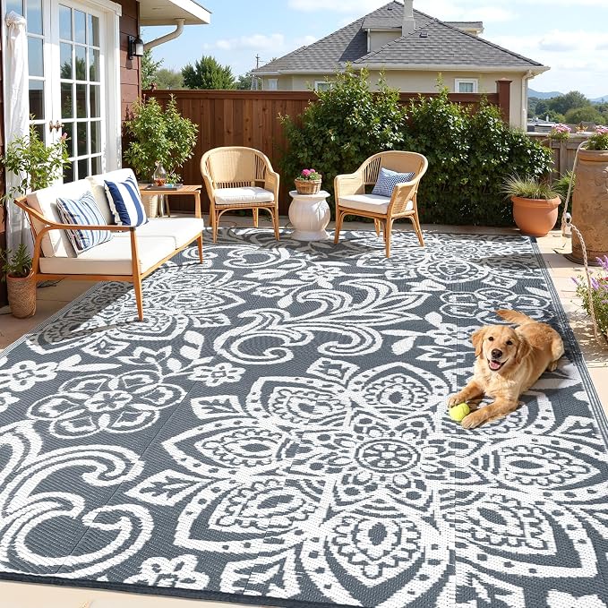 Findosom Waterproof Outdoor Rug 8' x 10' - Reversible Mandala Outdoor Plastic Straw Rug, Durable Foldable Patio Rug for RV, Deck, Balcony, Backyard, Picnic, Porch, Camping, Beach, Gray