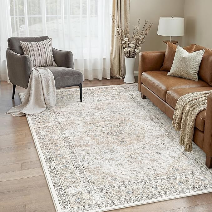3x5 Washable Area Rug Beige Grey Non Slip Vintage Carpet | Low Pile, Stain Resistant, Living Room, Kitchen, Bedroom, Entryway, Nursery, Laundry Room, Soft, Thin, Lightweight